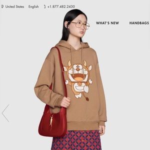 Authentic Gucci X Doraemon Embroidered Unisex Brown Hooded Sweatshirt